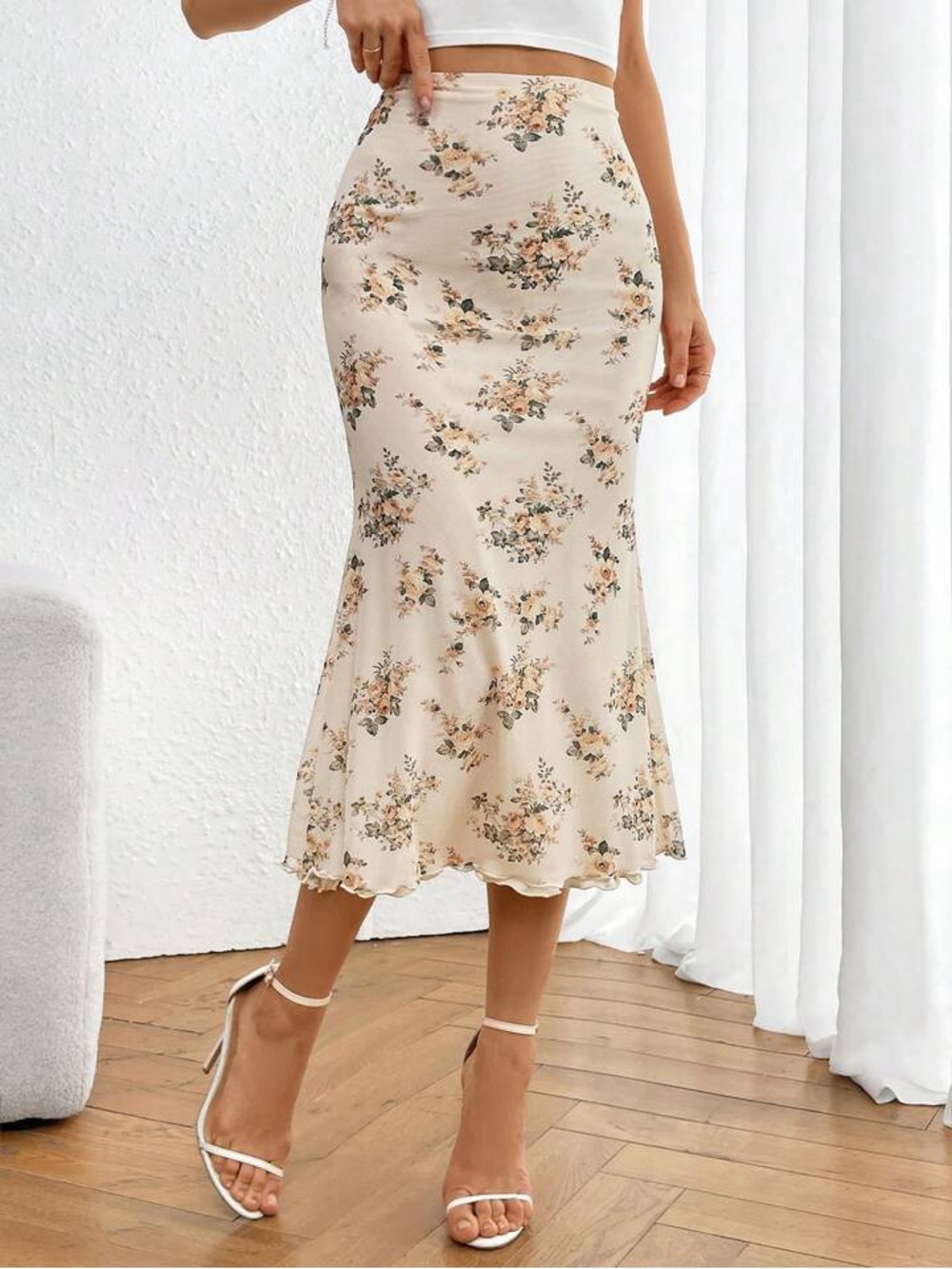 Floral Cream Midi Skirt